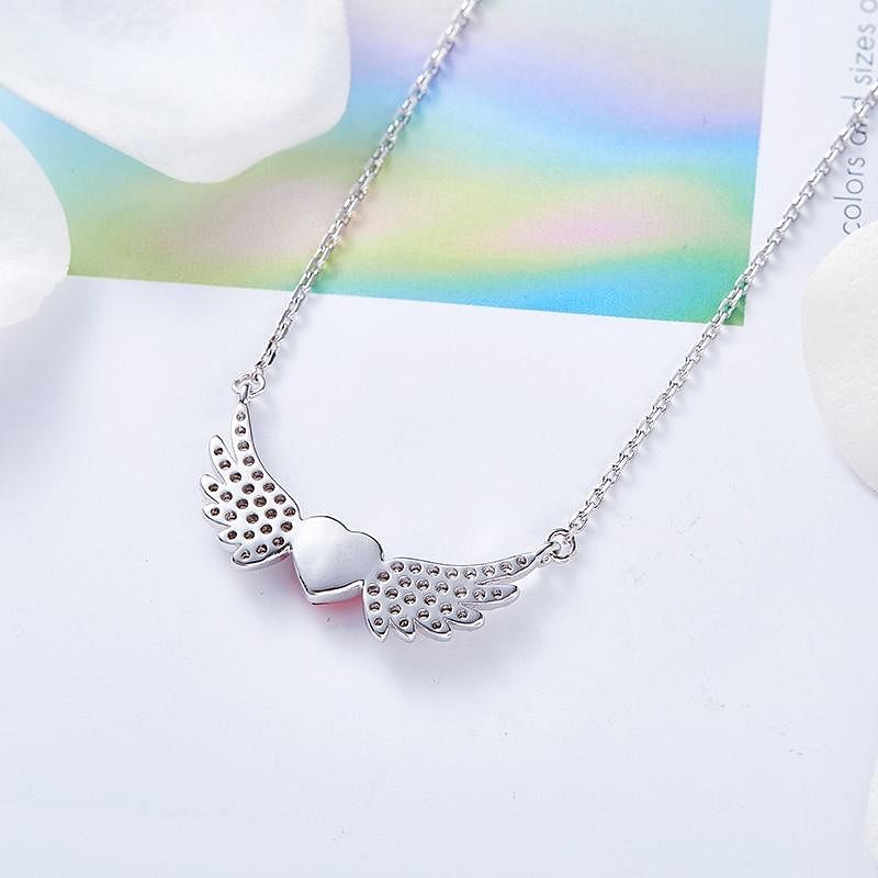 Pink Teardrop Heart Angel Wing Pendant Necklace Clear Rhinestones Silver  Tone | eBay