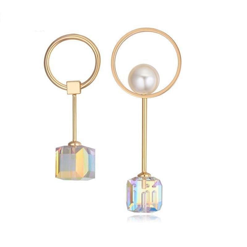 Asymmetric Crystal Cube Dangle Earrings - Aurore Boreale - Gold - Earrings - Swarovski Crystal