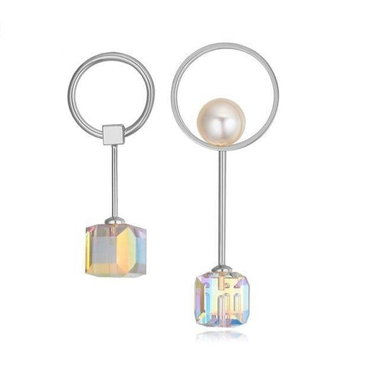 Asymmetric Crystal Cube Dangle Earrings - Aurore Boreale - White - Earrings - Swarovski Crystal