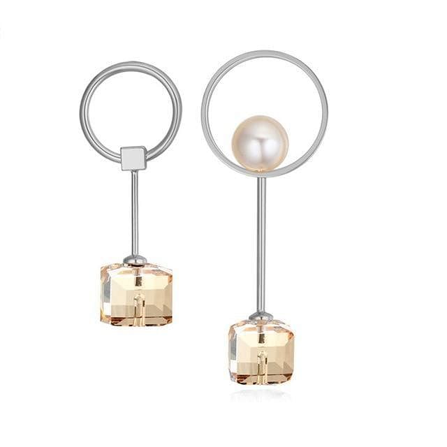 Asymmetric Crystal Cube Dangle Earrings - Golden Shade - White - Earrings - Swarovski Crystal