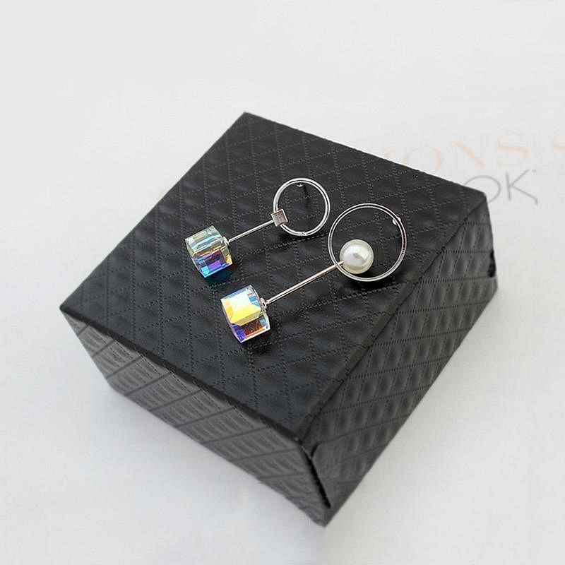 Asymmetric Crystal Cube Dangle Earrings - Earrings - Swarovski Crystal - Pearl