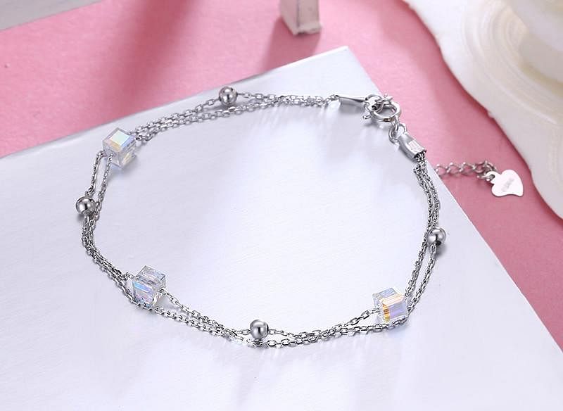 Aurore Cube Double Chain Bracelet | 925 Silver - Bracelet - Swarovski Crystal - Aurore Boreale - Elegant