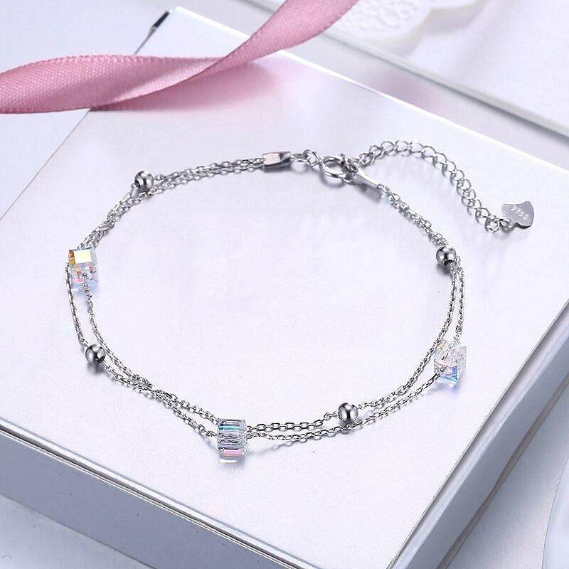 Aurore Cube Double Chain Bracelet | 925 Silver - Bracelet - Swarovski Crystal - Aurore Boreale - Dazzling - Trendy