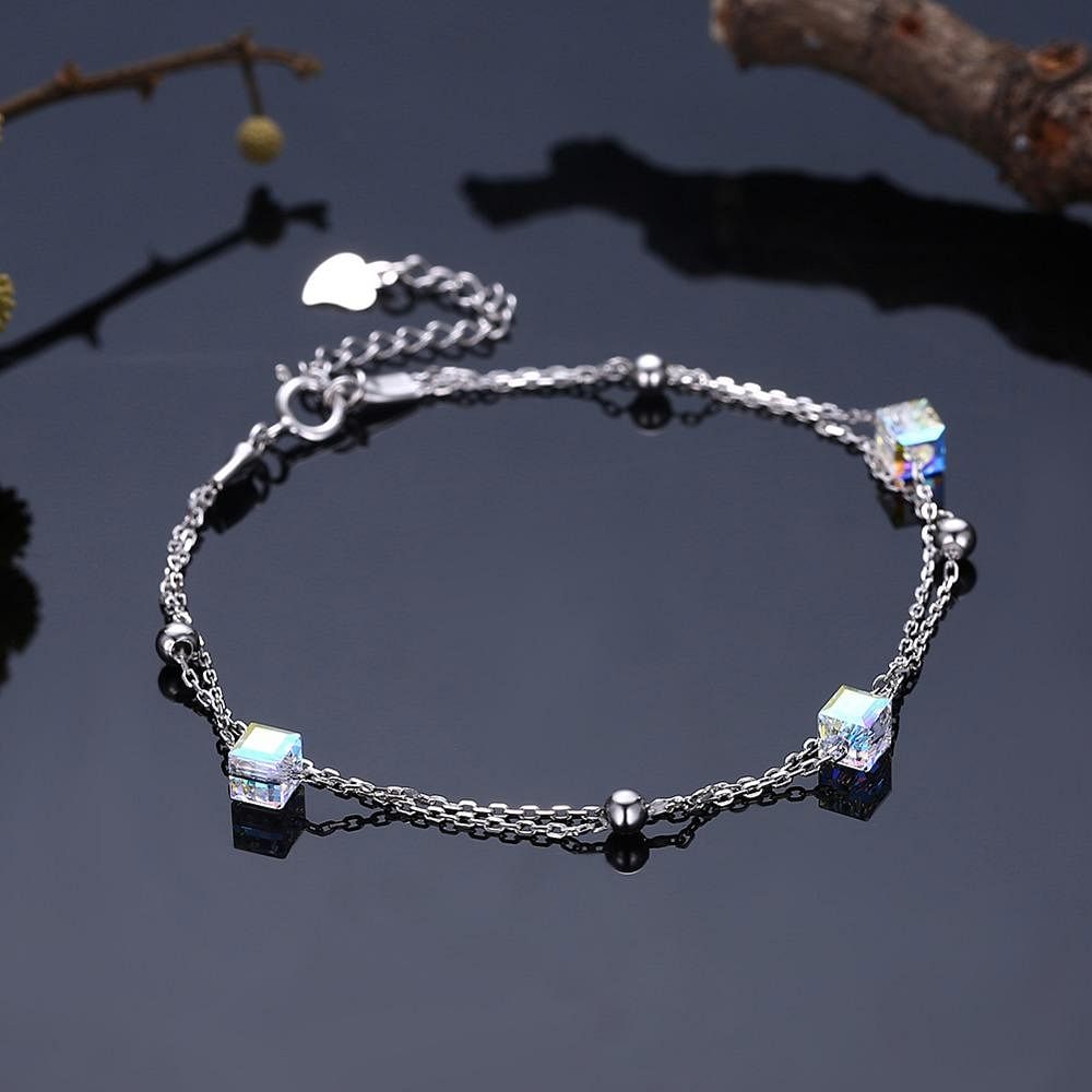 Aurore Cube Double Chain Bracelet | 925 Silver - Bracelet - Swarovski Crystal - Elegant - Dazzling - Aurore Boreale - Trendy