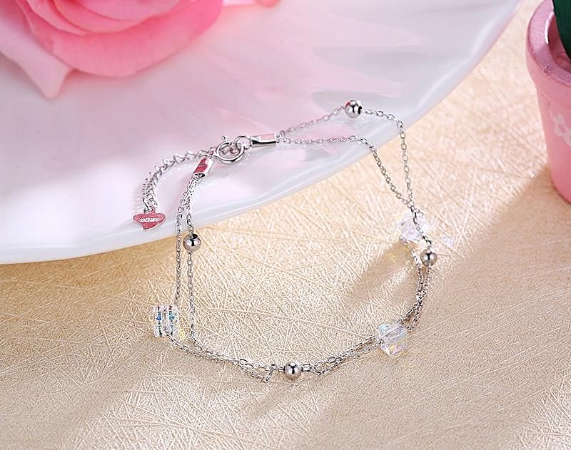 Aurore Cube Double Chain Bracelet | 925 Silver - Bracelet - Swarovski Crystal - Aurore Boreale - Elegant