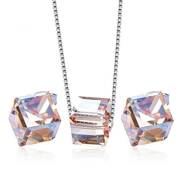 Aurore Cube Jewel Set | 925 Silver - Golden Shade - Jewelry Set - Swarovski Crystal - Necklace - Earrings