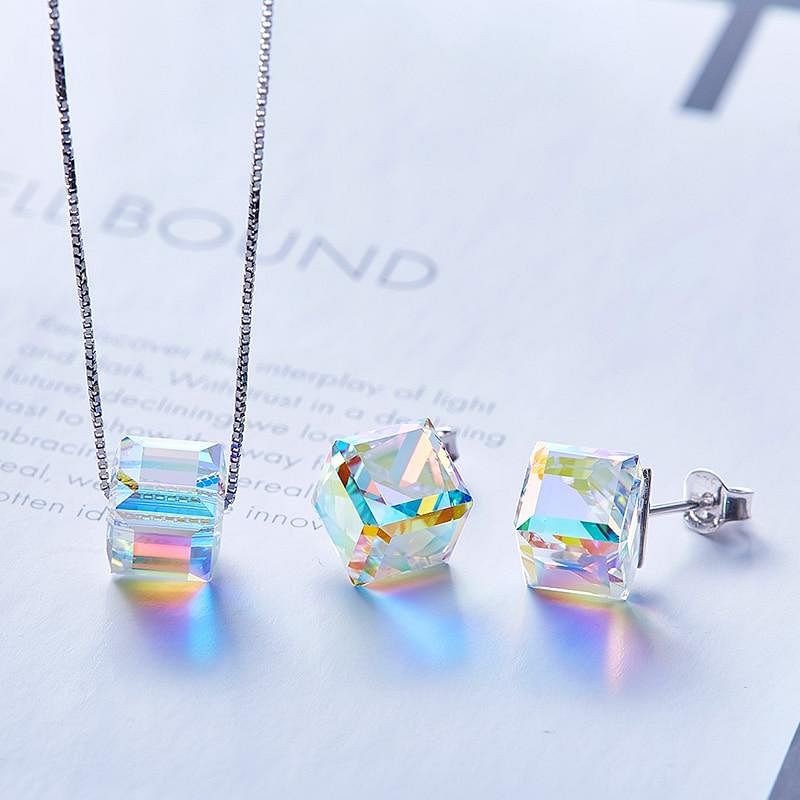 Aurore Cube Jewel Set | 925 Silver - Jewelry Set - Swarovski Crystal - Aurore Boreale - Necklace - Earrings