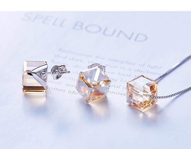 Aurore Cube Jewel Set | 925 Silver - Jewelry Set - Swarovski Crystal - Golden Shade - Necklace - Earrings