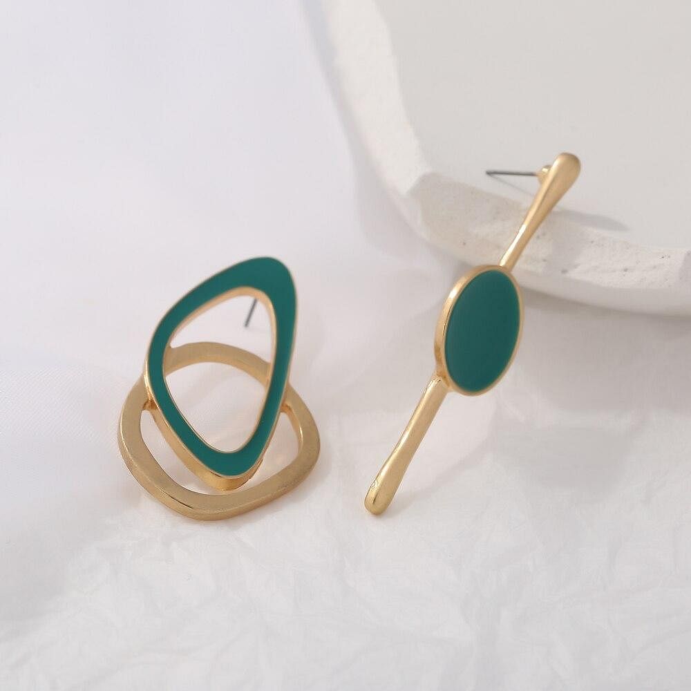 Green Enamel Charm Asymmetry Geometric Fashion Stud Earrings - Earrings - Chic & Glam • Statement Earrings • Trendy - D’ Charmz