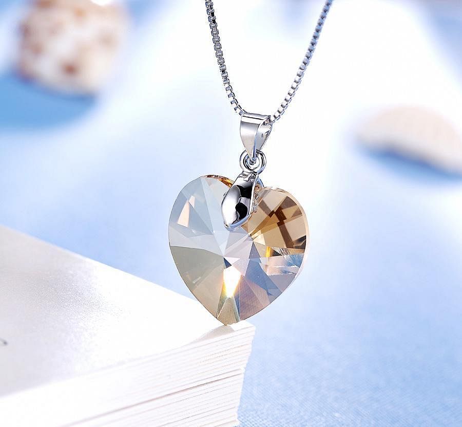 Heart Drop Necklace - Necklace - Swarovski Crystal - Golden Shade