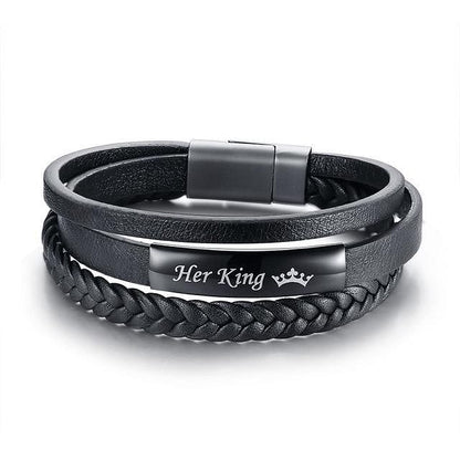 His Queen Her King Braided Leather Couple Bracelets - Her King - Bracelet - Couple Set, Stainless Steel