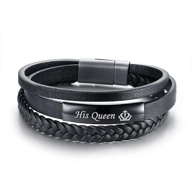 His Queen Her King Braided Leather Couple Bracelets - His Queen - Bracelet - Couple Set, Stainless Steel