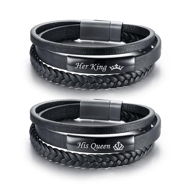 His Queen Her King Braided Leather Couple Bracelets - Couple Set - Bracelet - Couple Set, Stainless Steel