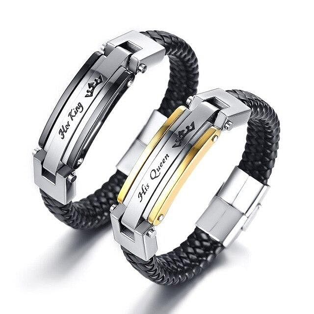 His Queen Her King Genuine Leather S Steel Couple Bracelets - Couple Set - Bracelet - Couple Set • Leather and Rope • Stainless Steel - D’ 