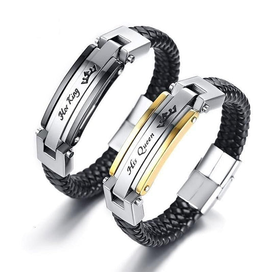 His Queen Her King Genuine Leather S Steel Couple Bracelets - Bracelet - Couple Set • Leather and Rope • Stainless Steel - D’ Charmz