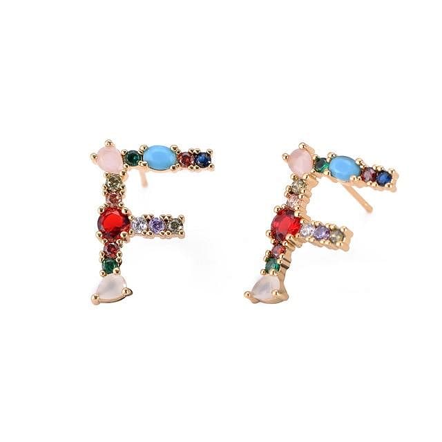 Initial Letter Crystal Rhinestones Stud Earrings - F - Earrings - Statement Earrings • Trendy - D’ Charmz