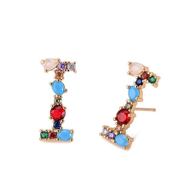 Initial Letter Crystal Rhinestones Stud Earrings - I - Earrings - Statement Earrings • Trendy - D’ Charmz