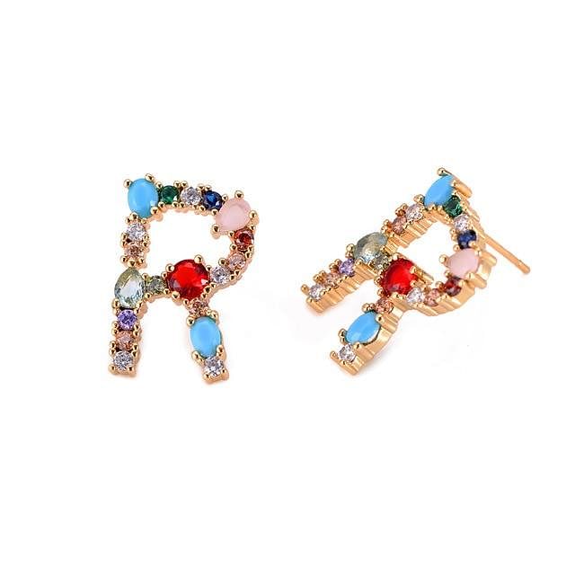 Initial Letter Crystal Rhinestones Stud Earrings - R - Earrings - Statement Earrings • Trendy - D’ Charmz