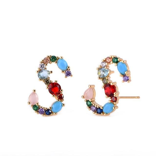 Initial Letter Crystal Rhinestones Stud Earrings - S - Earrings - Statement Earrings • Trendy - D’ Charmz