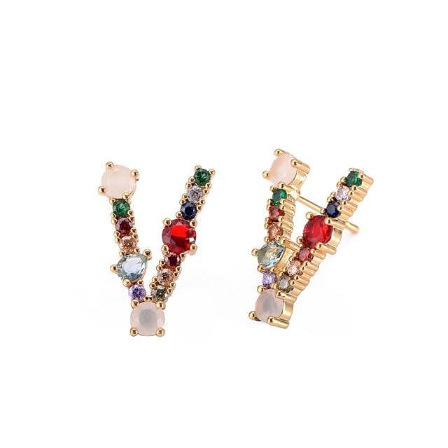 Initial Letter Crystal Rhinestones Stud Earrings - V - Earrings - Statement Earrings • Trendy - D’ Charmz