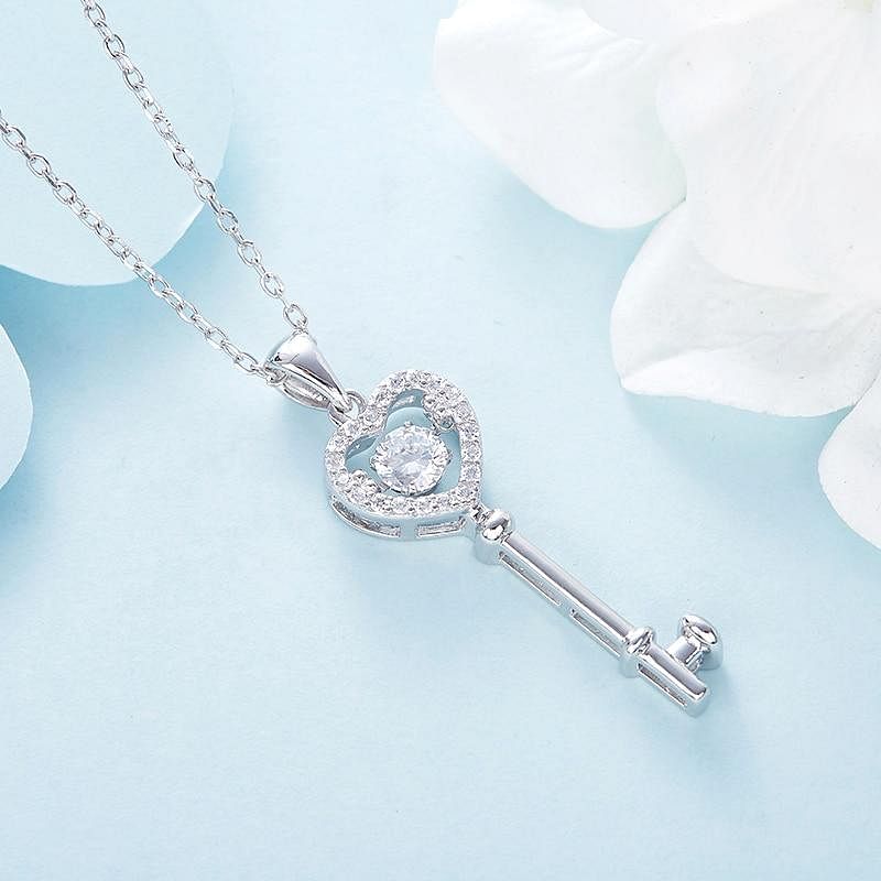 Love Key Dancing Stone Necklace | 925 Silver - Necklace - Platinum Plated - Sterling Silver - Cubic Zircon - Elegant - White