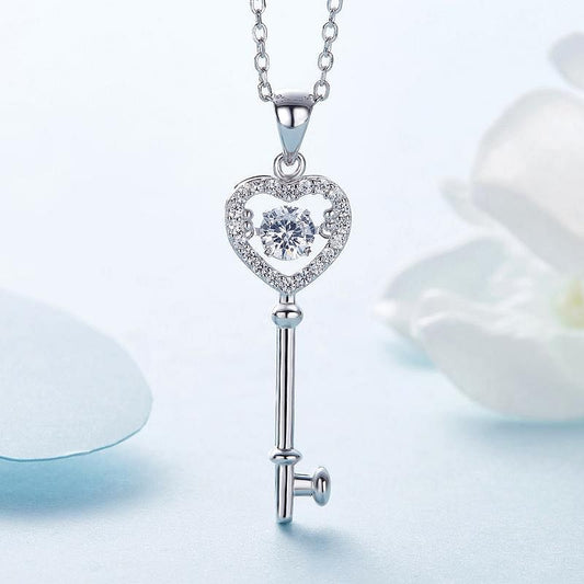 Love Key Dancing Stone Necklace | 925 Silver - Necklace - Platinum Plated - Sterling Silver - Cubic Zircon - Elegant - White