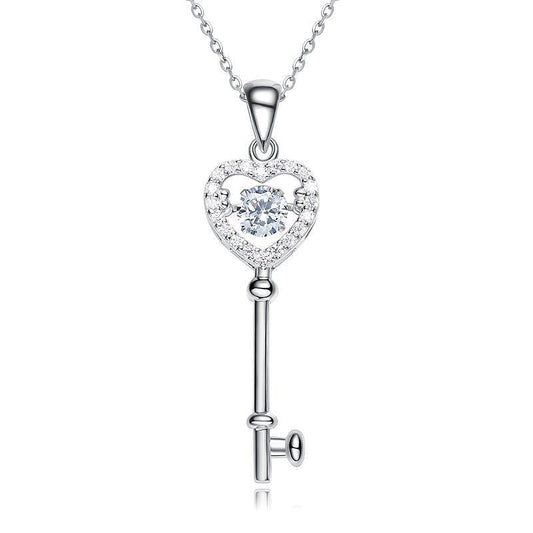 Love Key Dancing Stone Necklace | 925 Silver - Necklace - Platinum Plated - Sterling Silver - Cubic Zircon