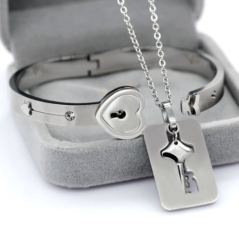 Lock and key bracelet and necklace for couples