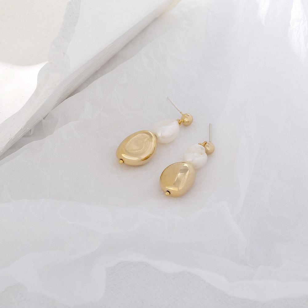 Earrings Korean Gold Metal Natural Pearls Dangle Earrings freeshipping - D' Charmz