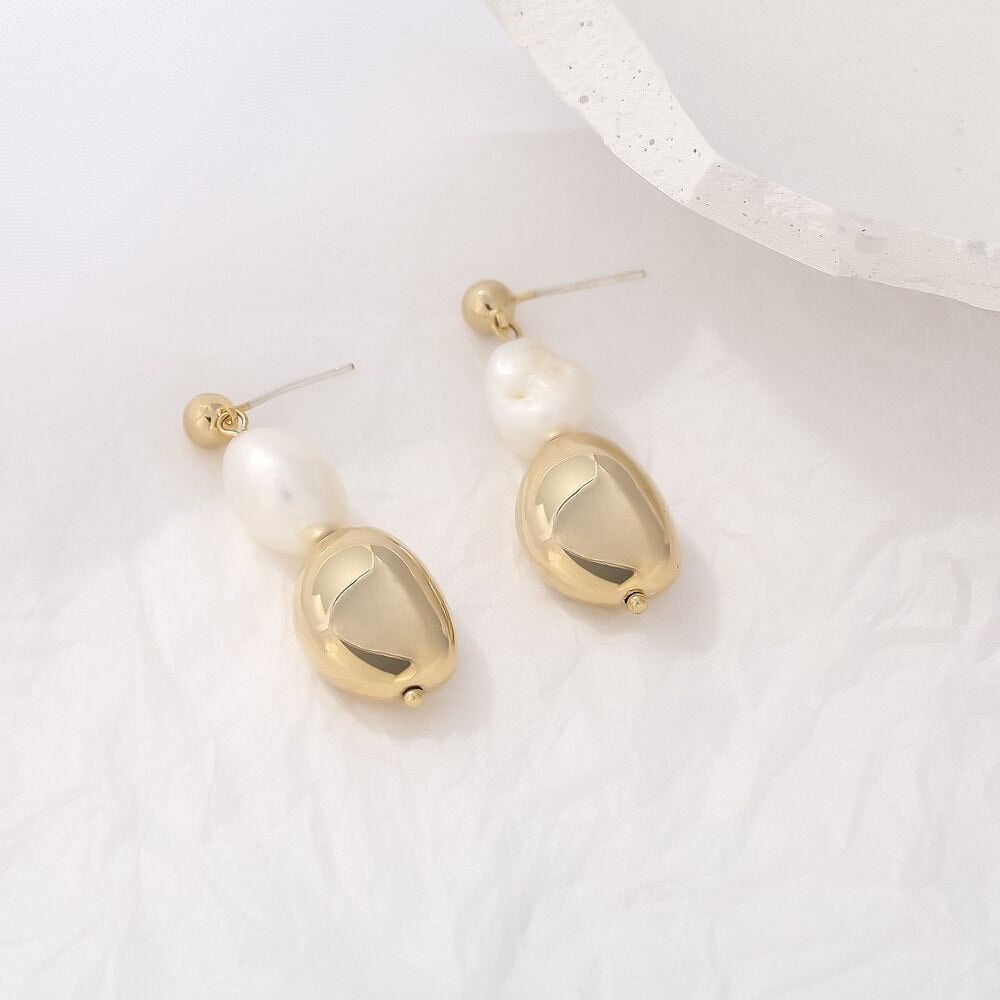 Earrings Korean Gold Metal Natural Pearls Dangle Earrings freeshipping - D' Charmz