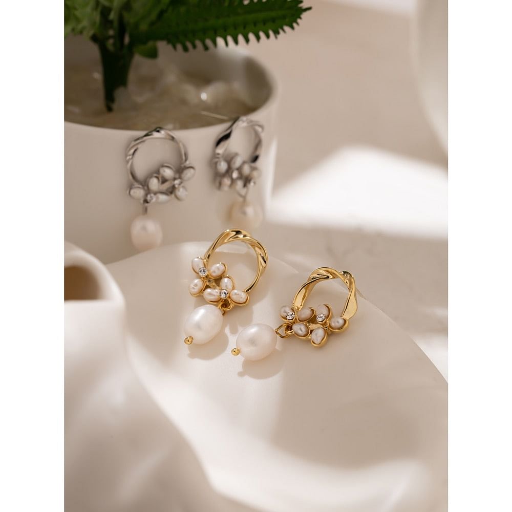 Earrings Luxury Flower Charm Freshwater Natural Pearl Drop Earrings freeshipping - D' Charmz