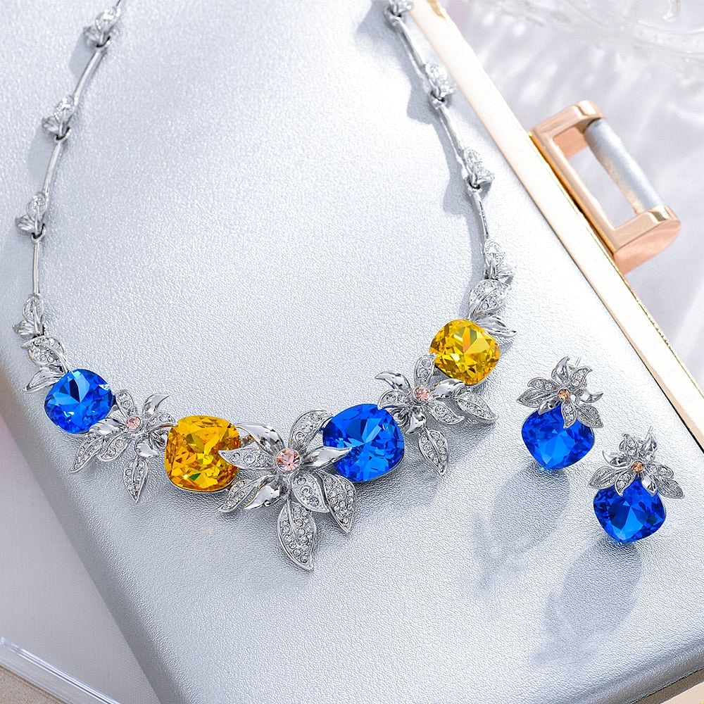 Jewelry Set Luxury Crystals Flower Silver Color Bridal Jewelry Set | Austrian Crystals freeshipping - D' Charmz