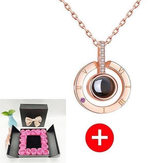 Romance Rosy Jewel Gift Box ❤ I LOVE YOU 100 Languages Necklace - Pink Rose Black Box / Circle Style 5 - Necklace - D’ Love • Jewelry Box • 