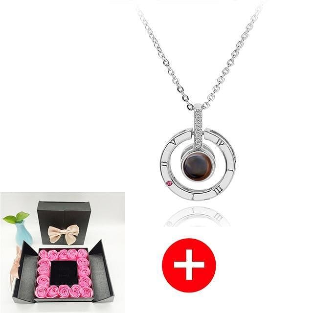 Romance Rosy Jewel Gift Box ❤ I LOVE YOU 100 Languages Necklace - Pink Rose Black Box / Circle Style 6 - Necklace - D’ Love • Jewelry Box • 