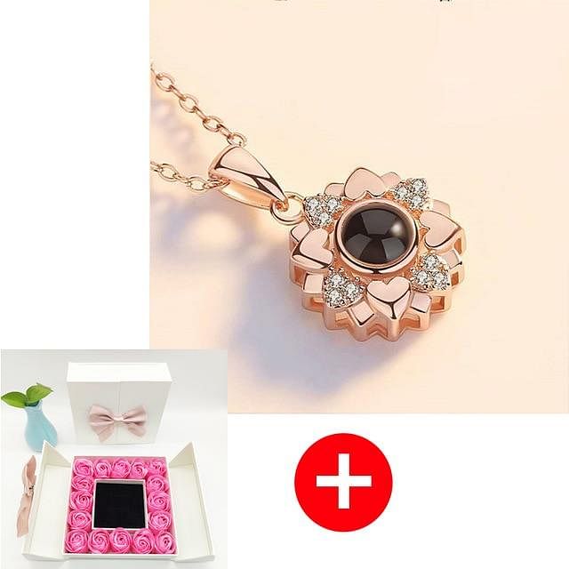 Romance Rosy Jewel Gift Box ❤ I LOVE YOU 100 Languages Necklace - Pink Rose White Box / Flower Style 13 - Necklace - D’ Love • Jewelry Box •