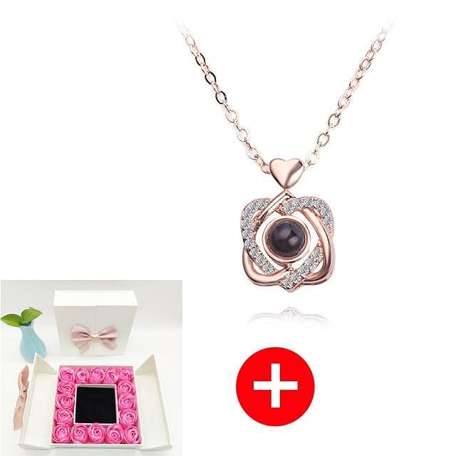Romance Rosy Jewel Gift Box ❤ I LOVE YOU 100 Languages Necklace - Pink Rose White Box / Hearts Style 7 - Necklace - D’ Love • Jewelry Box • 