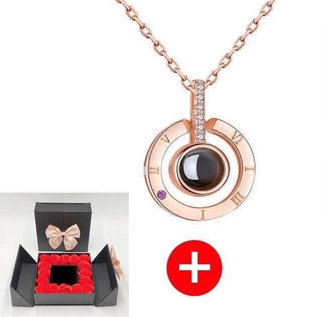 Romance Rosy Jewel Gift Box ❤ I LOVE YOU 100 Languages Necklace - Red Rose Black Box / Circle Style 5 - Necklace - D’ Love • Jewelry Box • 