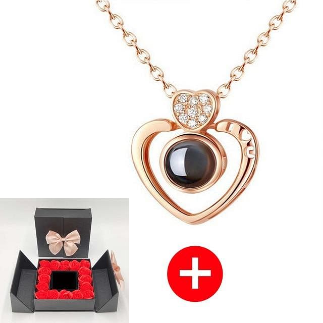Romance Rosy Jewel Gift Box ❤ I LOVE YOU 100 Languages Necklace - Red Rose Black Box / Heart Style 3 - Necklace - D’ Love • Jewelry Box • 