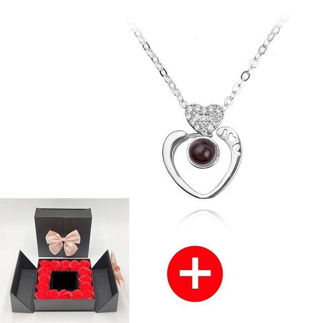 Romance Rosy Jewel Gift Box ❤ I LOVE YOU 100 Languages Necklace - Red Rose Black Box / Heart Style 4 - Necklace - D’ Love • Jewelry Box • 