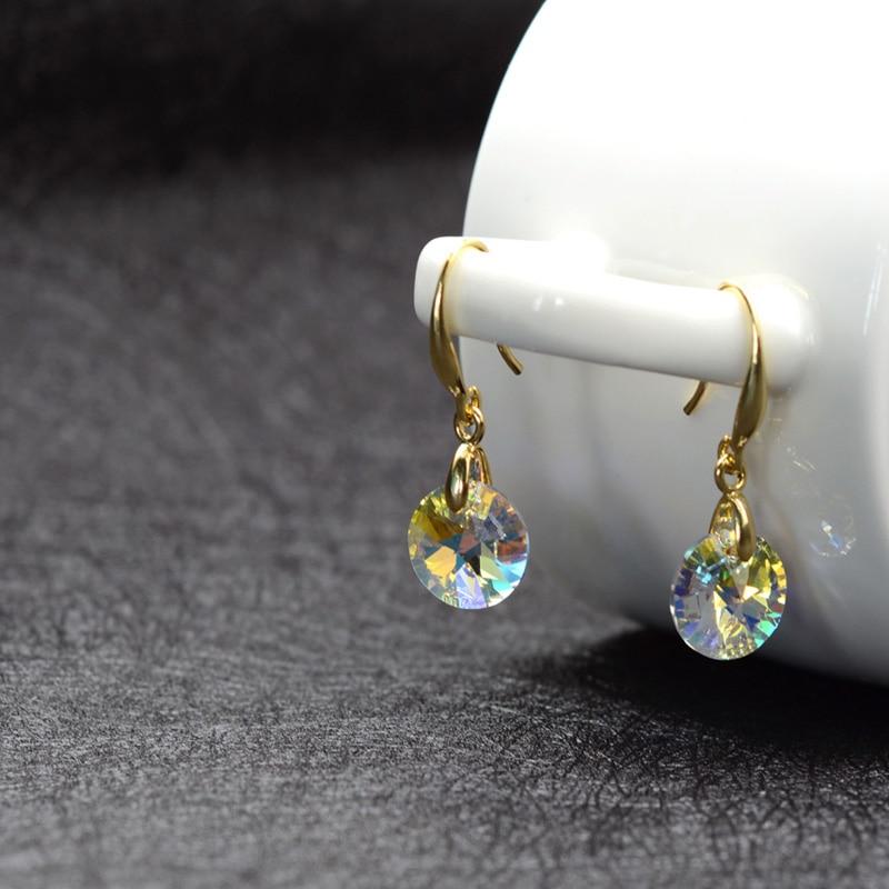 Round Crystal Drop Earrings - Earrings - Swarovski Crystal - Gold Plated - Crystal AB - Aurore Boreale