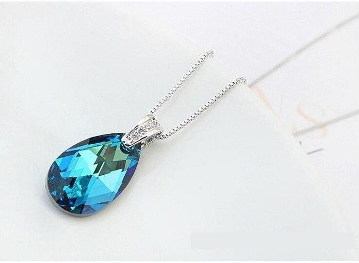 Water Drop Necklace - Necklace - Swarovski Crystal - Bermuda Blue